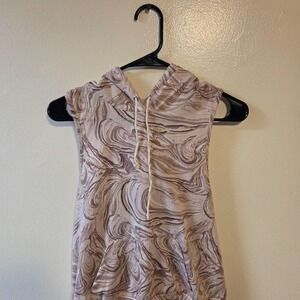Rabbit Rose Sleeveless Hoodie Marble Swirl Open Back Tan Brown Size L